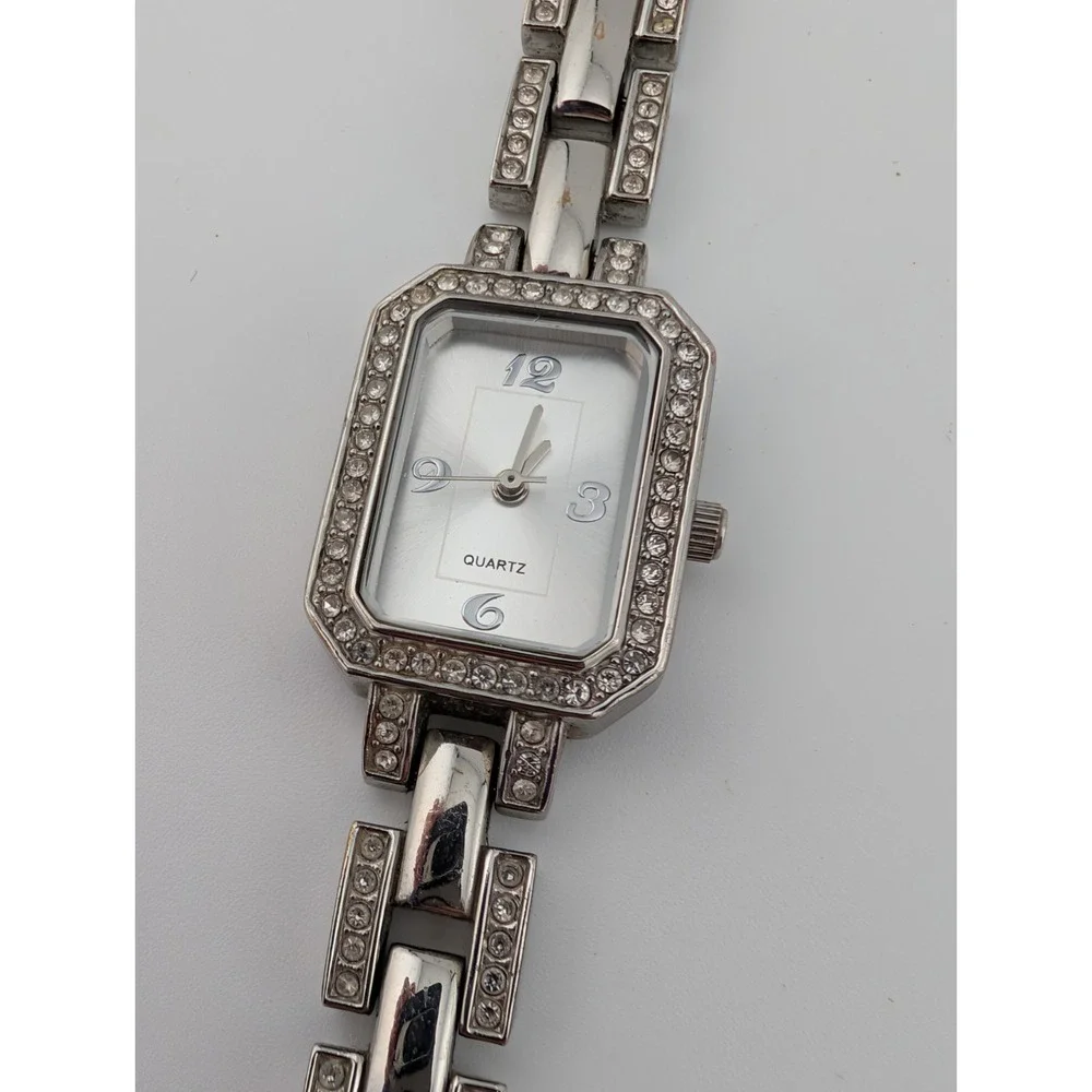 Avon‎ Tank Watch Women Rhinestone Bezel Silver 7.5